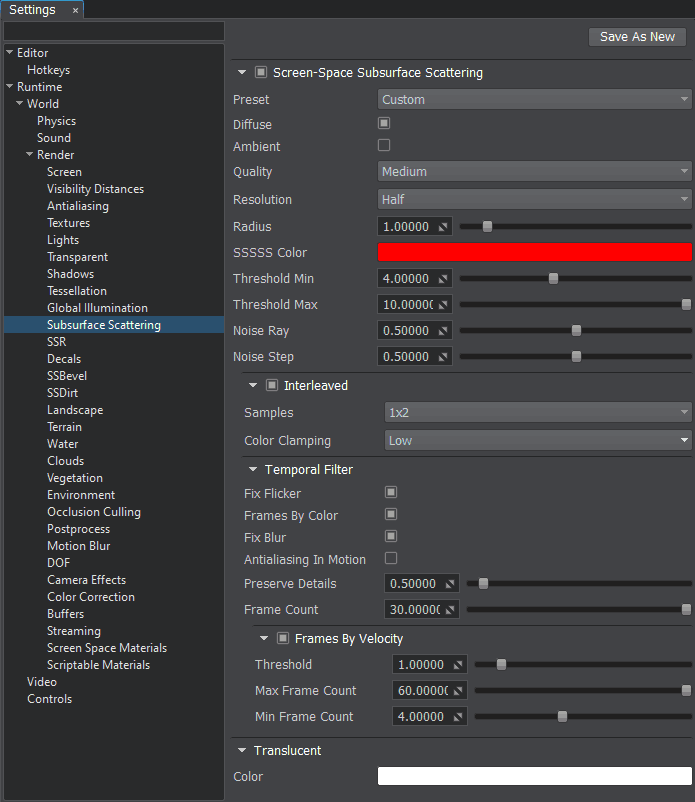 Subsurface scattering settings