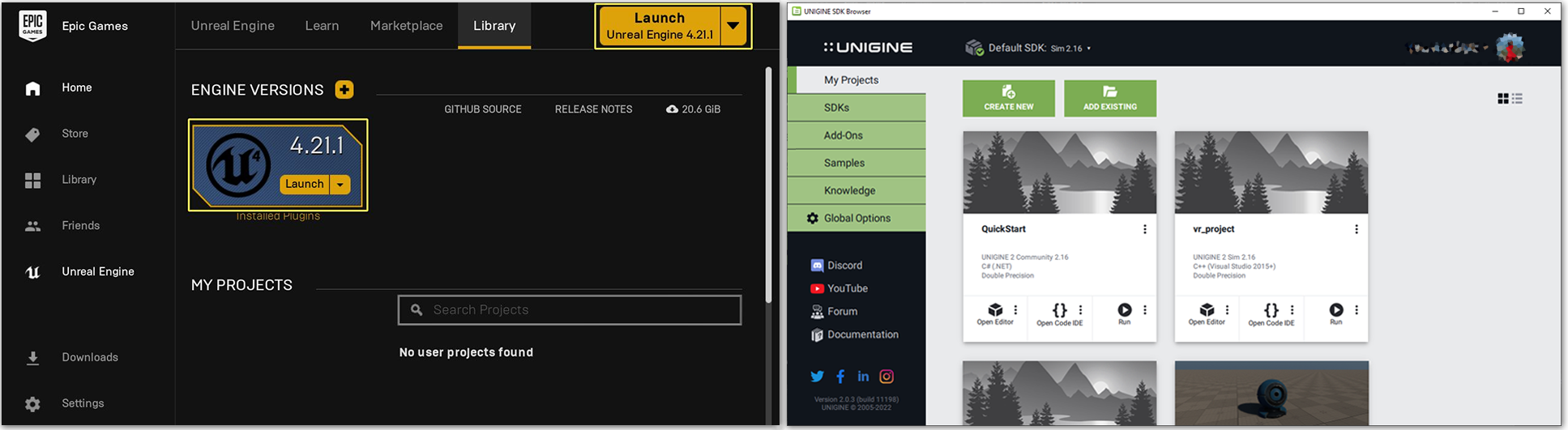 Epic Games Launcher and UNIGINE SDK Browser Comparison (click to enlarge)
