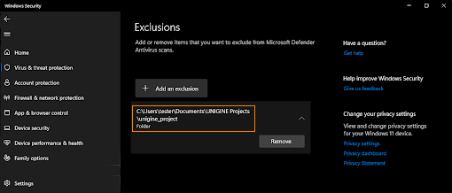 Project folder added as exclusion