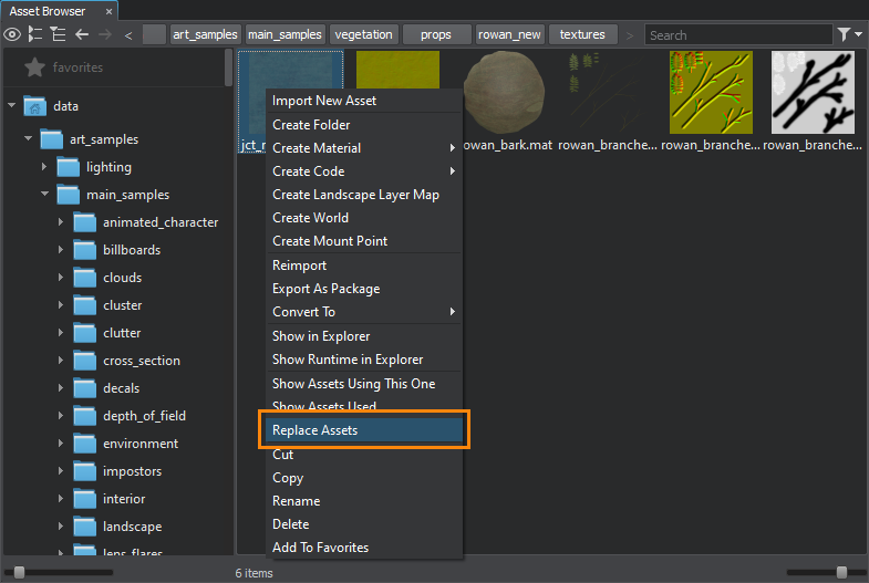 The Replace Assets option in the context menu