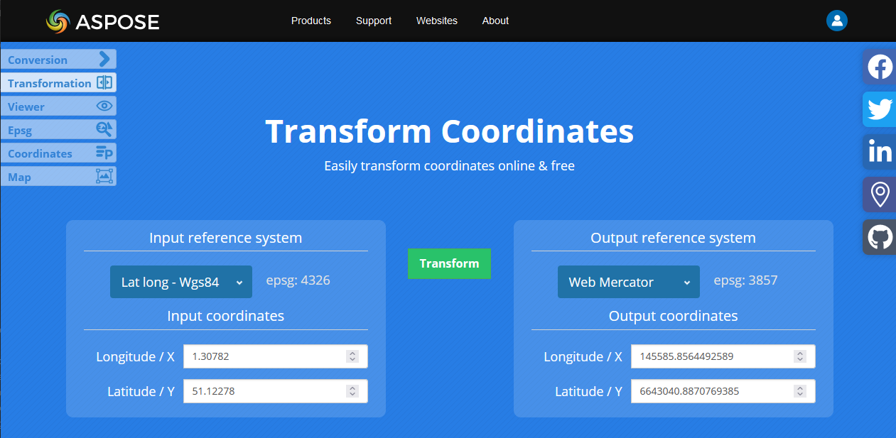 Transforming coordinates using aspose.app