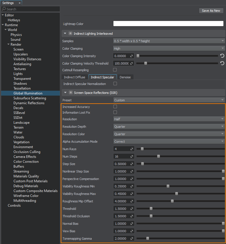 Screen-space reflections custom settings