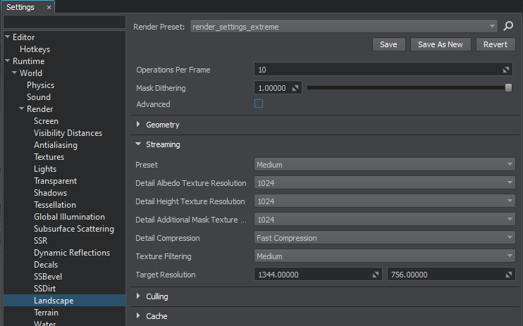 Terrain streaming rendering settings